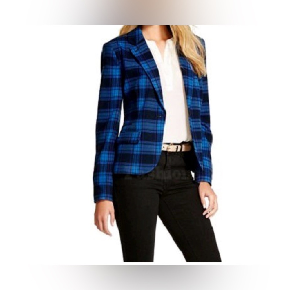 Womens Merona Blue Plaid Tailored Single Button Blazer Jacket Pockets Preppy 8